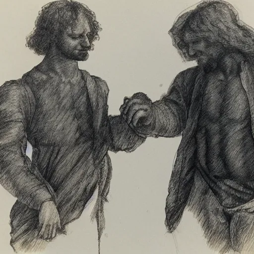 Image similar to realistic academic sketch of two handsome men holding hands in the style of Leonardo Da Vinci