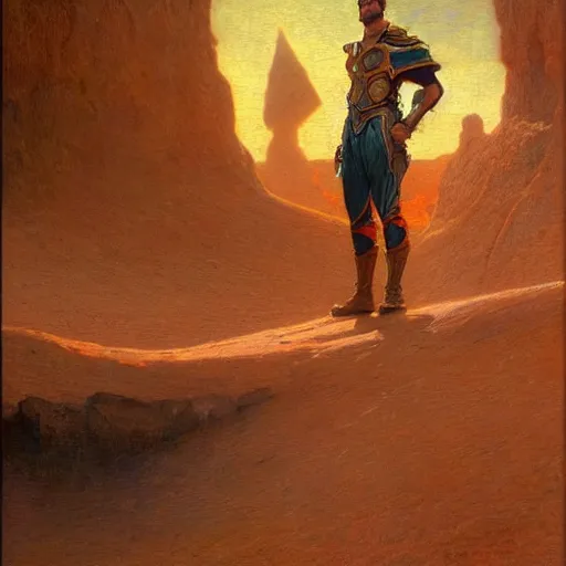 Prompt: handsome man adventurer standing on mars, epic scale, artstation, vast, oil painting, gaston bussiere, mucha, gerome,