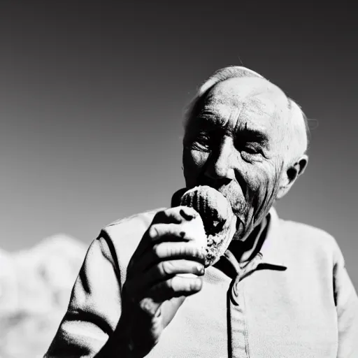 Prompt: an elderly man eating an ice cream on the surface of the moon, 🌕, 🍦, canon eos r 3, f / 1. 4, iso 2 0 0, 1 / 1 6 0 s, 8 k, raw, unedited, symmetrical balance, wide angle