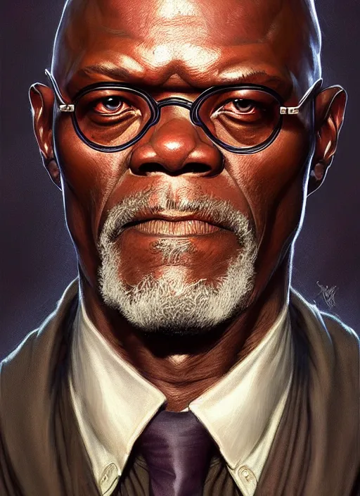 Image similar to Portrait of Samuel L. Jackson, D&D, muscular, fantasy, intricate, elegant, highly detailed, digital painting, artstation, concept art, smooth, sharp focus, illustration, art by artgerm and greg rutkowski and alphonse mucha