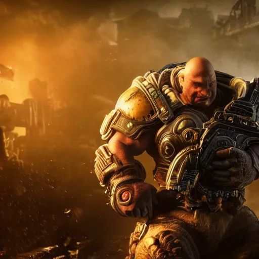 Image similar to Bowser in 'Gears of War', splash art, movie still, cinematic lighting, detailed face, dramatic, octane render, long lens, shallow depth of field, bokeh, anamorphic lens flare, 8k, hyper detailed, 35mm film grain