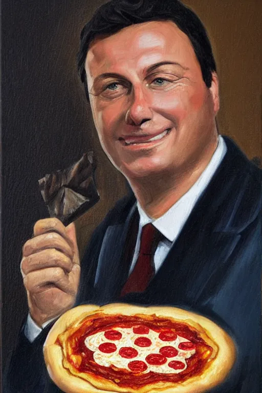 Prompt: oil painting, portrait of matteo renzi, prime minister, holding a pizza, italian flag, futurist style