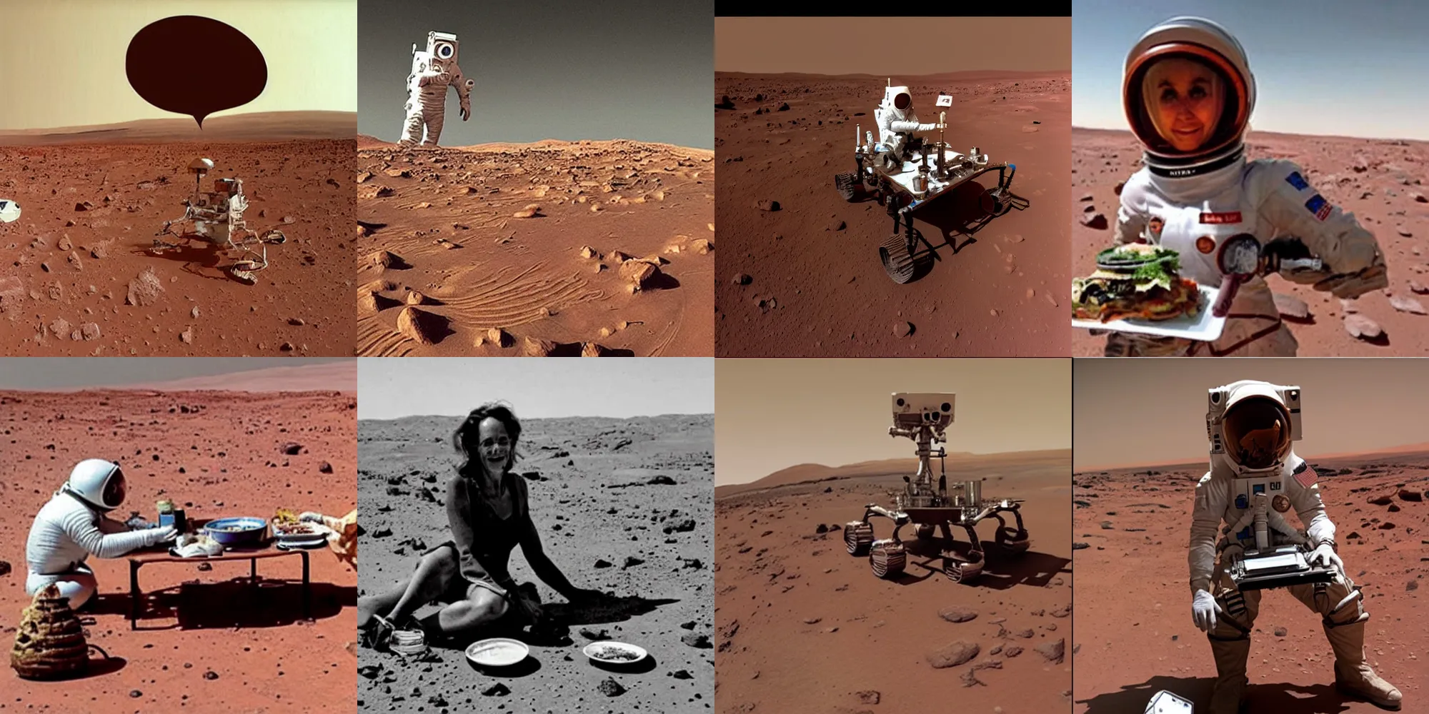 Prompt: the first woman eating lunch on mars