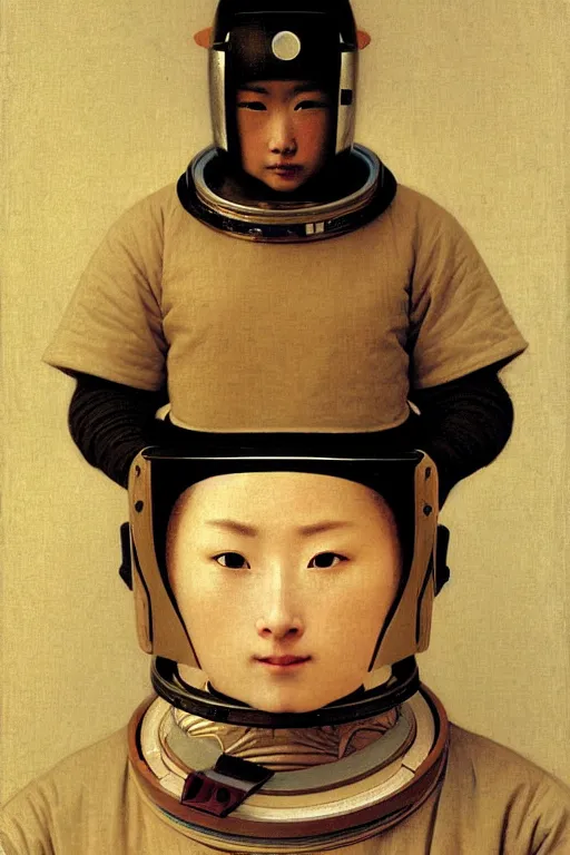 Prompt: portrait of samurai in astronaut helmets, by bouguereau