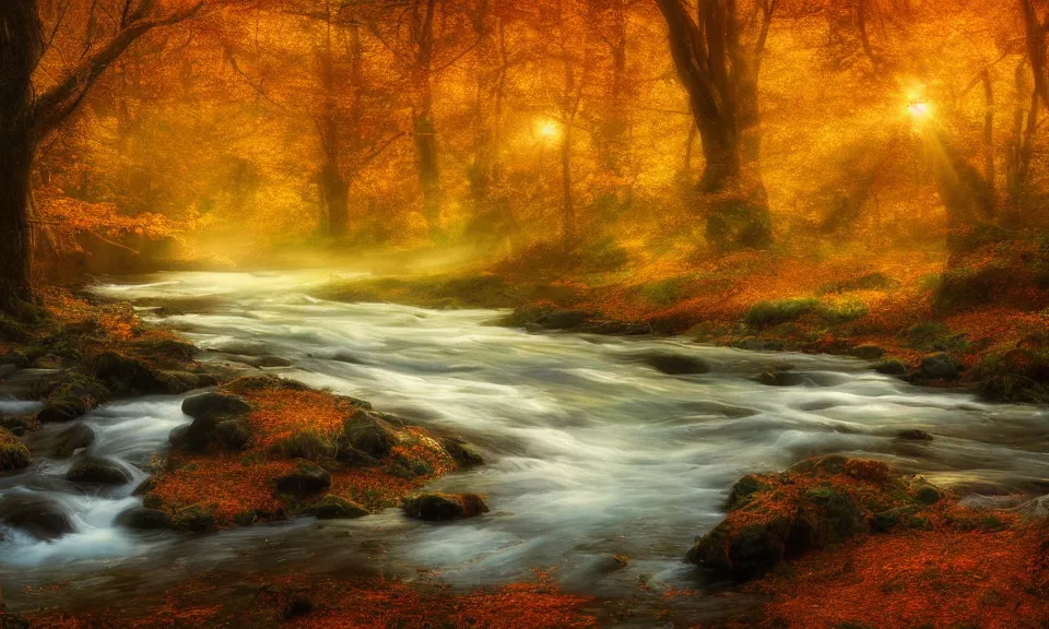 Prompt: river in a forest during the golden hour in autumn, digital art, concept art, fantasy art, highly detailed, hd wallpaper, hdr, artstation, deviantart, behance