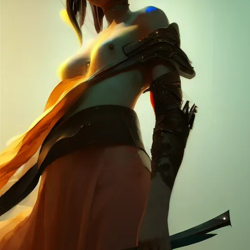 Image similar to a beautiful women swordsman, by beeple, by ruan jia, grim expression, unreal engine, octane rendering, 8 k, closeup, full body, smooth, trending on artstation, digital illustration, blcak hair