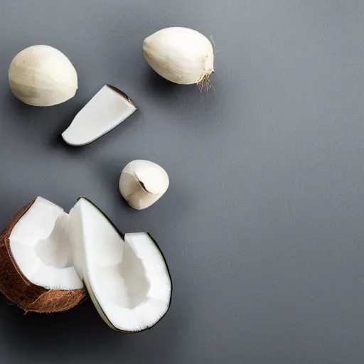 Prompt: centered white perfume bottle next to halved - coconuts, with white crisp zen modern minimalist bacgkround, illumination lighting, sharp focus, vogue, hartper's bazaar