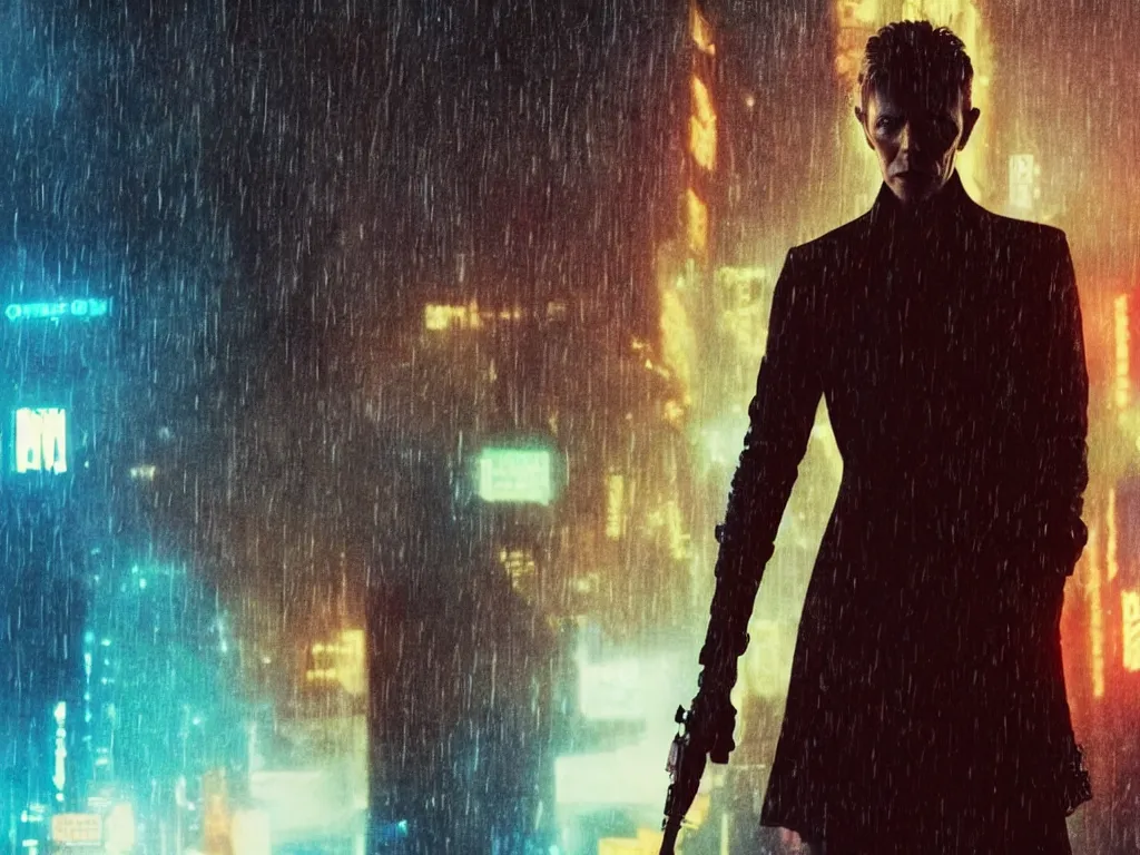 Image similar to David Bowie, close-up, film still from Blade Runner 2049, beautiful lighting, raining, neon lights, cinematic, depth, ultra-sharp details