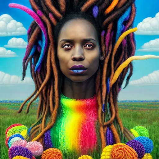 Image similar to a wide angle shot of a black girl with colorful dreadlocks in a field of candy, by Adi granov and afarin sajedi and amanda sage and evgeni gordiets and Agostino Arrivabene and adonna khare in a psychedelic portrait style, ultrarealistic matte painting, volumetric lighting, fractal, extremely symmetrical, highly detailed face, orisha, 8k, hd