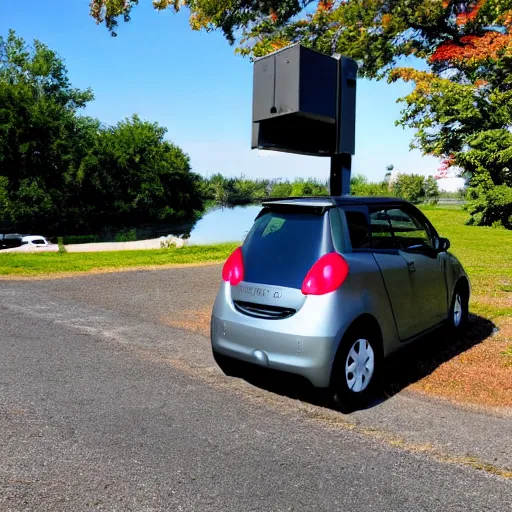 Prompt: a tiny car next to a mailbox