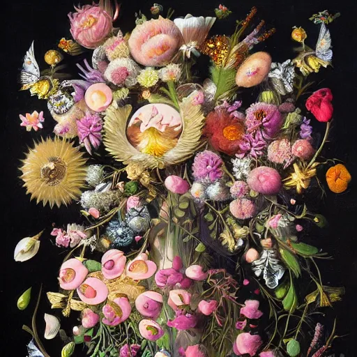 Image similar to a painting of a bouquet of flowers on a black background, a detailed painting by Earnst Haeckel, behance contest winner, fantasy art, made of crystals, detailed painting, digital illustration