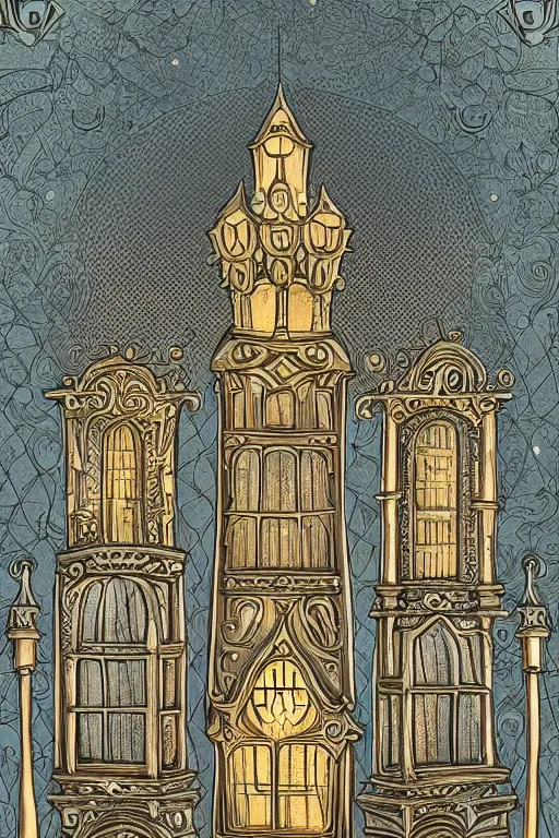 Prompt: ancient silver tower of the moon, fairytale illustration, elaborate carved wood balconies, tall windows, formal gardens, dramatic cinematic lighting, beautiful moths, soft colors, golden age illustration