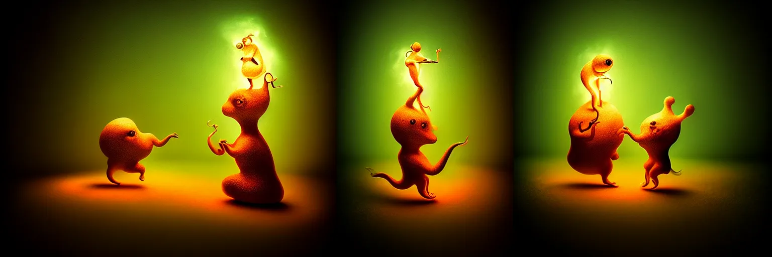 Image similar to whimsical microscopic creatures from the depths of the mind, dramatic lighting from fire glow, surreal darkly painting by ronny khalil