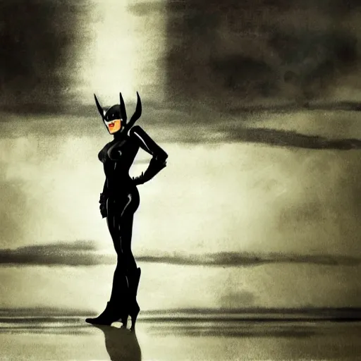 Image similar to scarlett johansson's batman, full pose, with cape, cape, cape, full length body shot, in a serene foreground, in a serene background, by ashley wood, craig mull