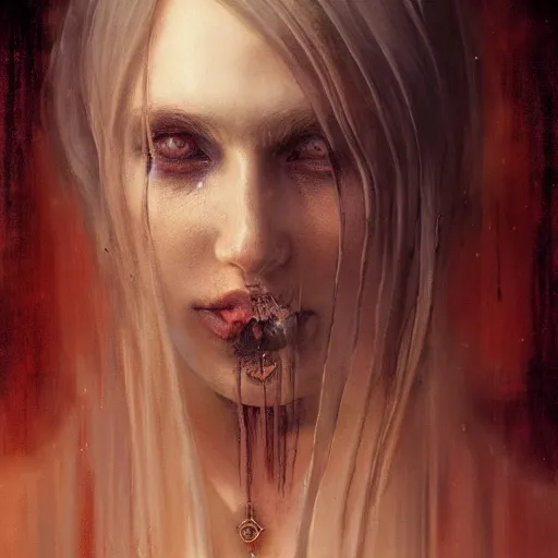 Image similar to A beautifully aesthetic rendering a priestess, dark art, warm and soft and subdued colors, by Greg Rutkowski, Daarken, Julia Hetta, stefan gesell, Gothic art, Digital Painting, hyperrealism, Drawing, deviantart, digital illustration, trending on Artstation, hyperdetailed, watercolor, 8k resolution, photorealism