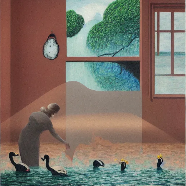 Image similar to painting of flood waters inside an apartment, emo catgirl art student, a river flooding inside, taps with running water, tangelos, zen, pigs, ikebana, water, river, rapids, waterfall, black swans, canoe, pomegranate, berries dripping, acrylic on canvas, surrealist, by magritte and monet