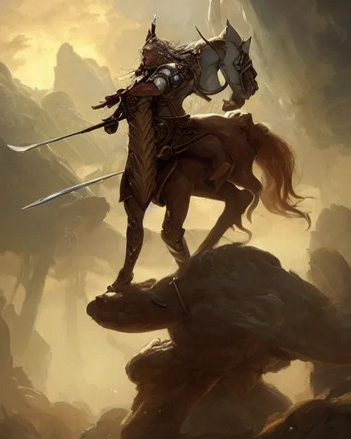 Image similar to centaur centaur centaur chimera :: Paladin, fearsome, beautiful, DnD character art portrait, mythical creature, male, plate armor, matte fantasy painting, DeviantArt Artstation, by Jason Felix by Steve Argyle by Tyler Jacobson by Peter Mohrbacher, cinematic lighting.