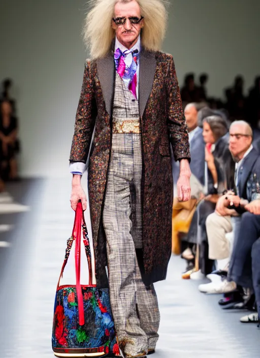 Image similar to hyperrealistic and heavy detailed gucci runway show of albert einstein, leica sl 2 5 0 mm, vivid color, high quality, high textured, real life