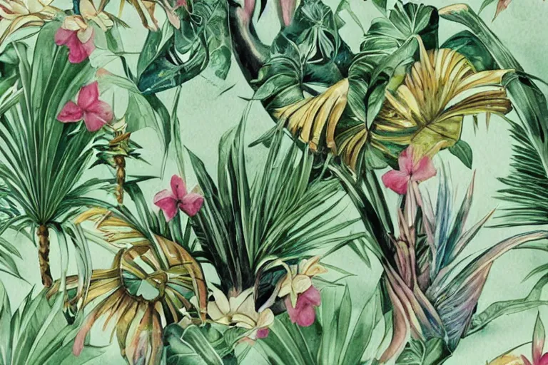 Image similar to watercolor artwork of exotic, elegant tropical prints : : green, art nouveau, trending on artstation