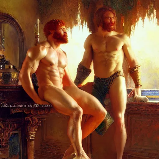 Prompt: attractive muscular mike with ginger hair with attractive tyler with brunet hair, drinking their hearts out, in their noble mansion. very defined and highly detailed painting by gaston bussiere, craig mullins 8 k