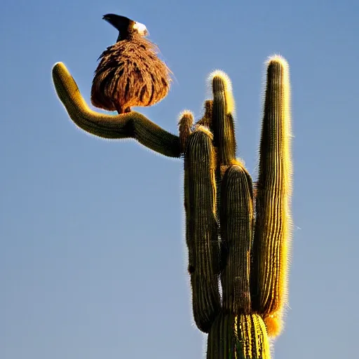 Image similar to A Dodo bird perched atop a Saguaro cactus in the desert, trending on Artstation , high detail, dramatic perspective.