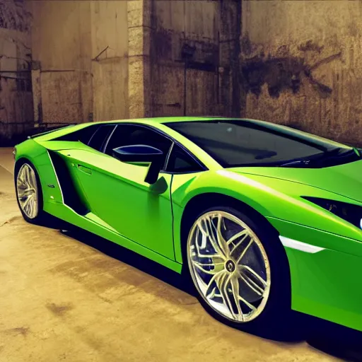 Image similar to photo of lamborghini car covered by marijuana pattern, photorealism,