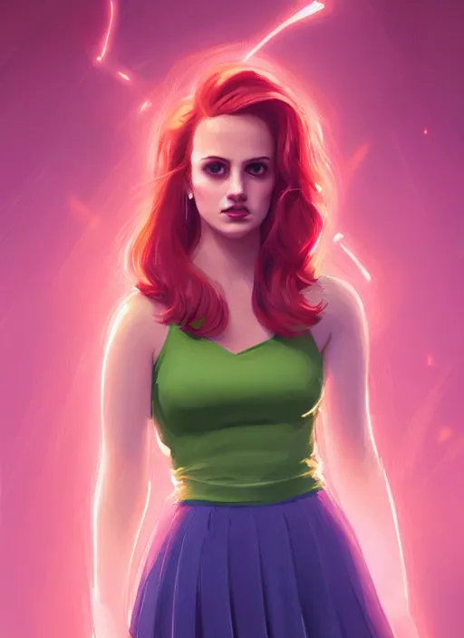 Image similar to full body portrait of teenage cheryl blossom, bangs, green eyes, sultry expression, red hair, sultry smirk, bangs and wavy hair, pink skirt, fat, intricate, elegant, glowing lights, highly detailed, digital painting, artstation, concept art, smooth, sharp focus, illustration, art by wlop, mars ravelo and greg rutkowski