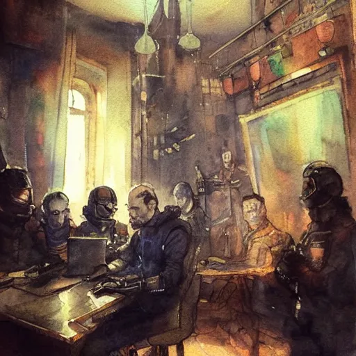 Prompt: cyberpunk Russian team room, watercolor and Rembrandt but happy.