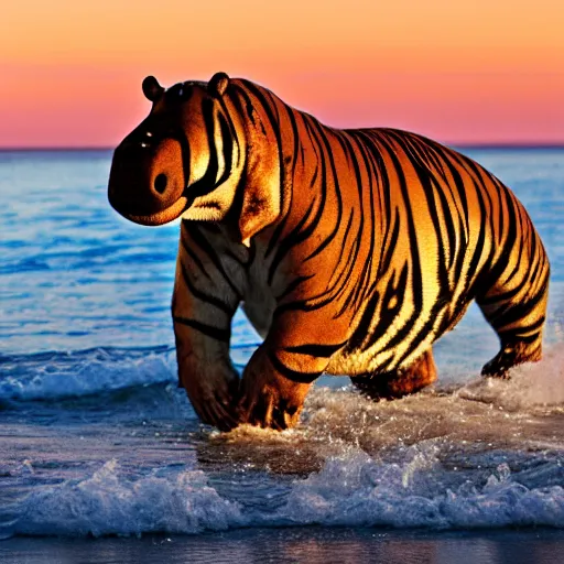 Image similar to a closeup photorealistic photograph of a cute tiger hippo playing volleyball at the beach during sunset. Surf in the background. This 4K HD image is Trending on Artstation, featured on Behance, well-rendered, extra crisp, features intricate detail and the style of Unreal Engine.