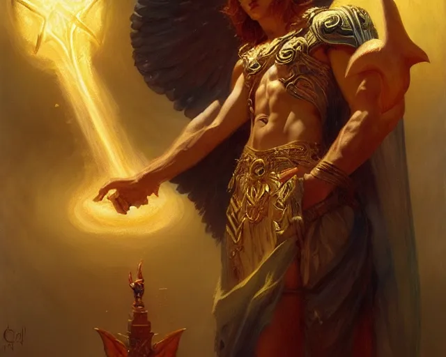 Image similar to attractive pagan male deity, casting chaos magic, summoning handsome lucifer morning star. highly detailed painting by gaston bussiere, craig mullins, j. c. leyendecker 8 k