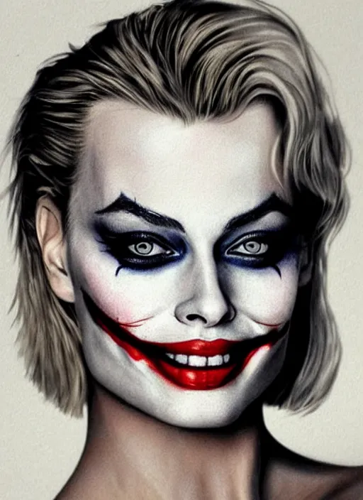 Prompt: tattoo design of beautiful margot robbie with slight joker makeup, holding an ace card, slight smile, in the style of den yakovlev, realistic face, black and white, realism tattoo, hyper realistic, highly detailed