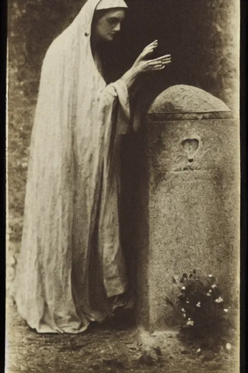 Image similar to a photo om mary praying in front of a tomb, by julia margaret cameron