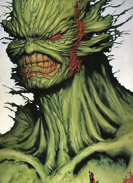 Prompt: full body and head portrait of marvel's swamp thing, dynamic action, painted by norman rockwell and phil hale and greg staples and tom lovell and frank schoonover and jack kirby