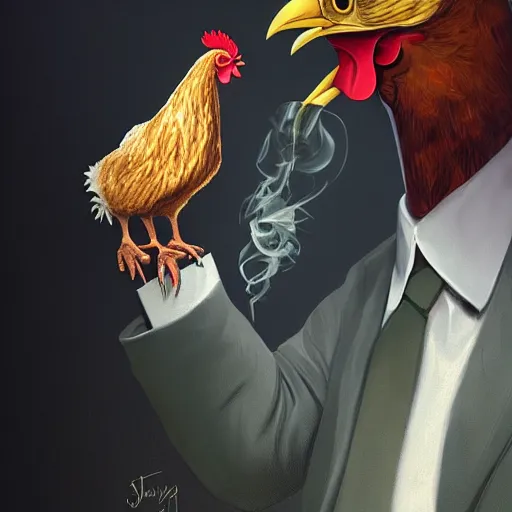 Prompt: a chicken wearing a suit smoking a cigar, dramatic lighting, cinematic, establishing shot, extremly high detail, photorealistic, cinematic lighting, artstation, style by James Gurney