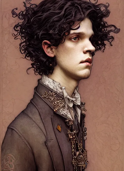 Image similar to edmund dulac, leyendecker, highly detailed portrait, a beautiful androgynous kit harrington, long hair, tall and thin, wearing several pendants, art nouveau, stephen bliss, unreal engine, by greg rutkowski, loish, ferdinand knab, ilya kuvshinov, rossdraws, tom bagshaw, alphonse mucha, global illumination, radiant light