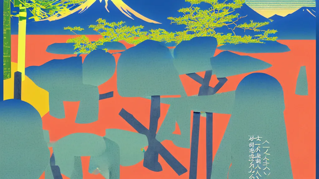 Prompt: japan natural splendor and touring, arts and crafts discovery iconography, a representational non - abstract collage painting travel poster design, in the style of sholim, david hockney, thom wasselmann, martha rosler, isolated on negative space background bright monochrome spraypaint accents volumetric octane render