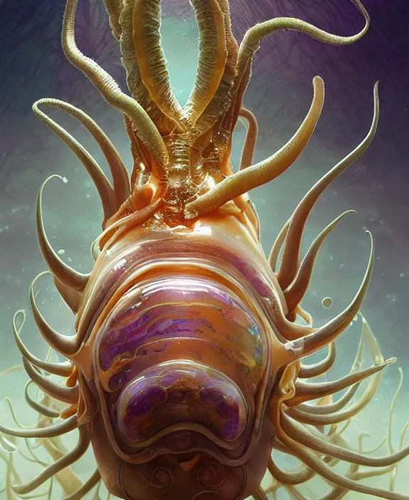 Prompt: intricate transparent portrait of a terrifying beautiful alien sea slug, horns, mottled coloring, adorable, childlike, anxiety environment, ultra realistic, concept art, art nouveau, photorealistic, octane render, 8 k, unreal engine. art by christopher marley and artgerm and greg rutkowski and alphonse mucha