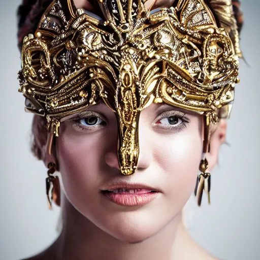 Prompt: a photo of a young female wearing wearable art, baroque, ornate, photorealistic, studio shoot, 8 k