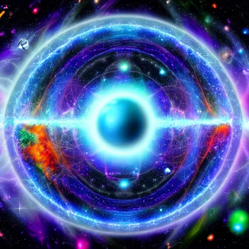 Image similar to image of the entire universe uniting again into perfect love and pure consciousness, defeating the big bang!! final victory of order over disorder!! final defeat of entropy! end of time, galactic scale!! accurate physics mathematics, digital painting, artstation, smooth, sharp focus