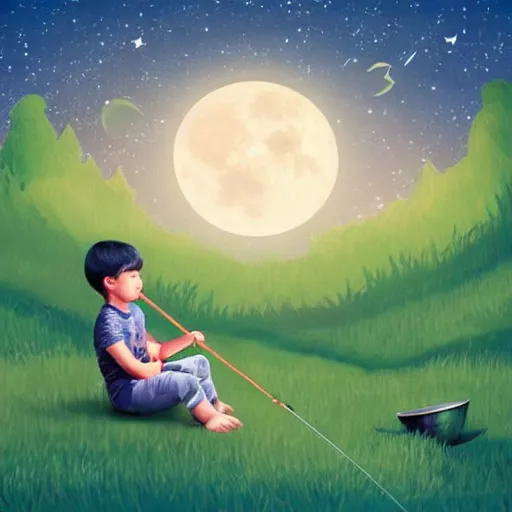 Image similar to a kid sitting on a half moon and fishing the stars