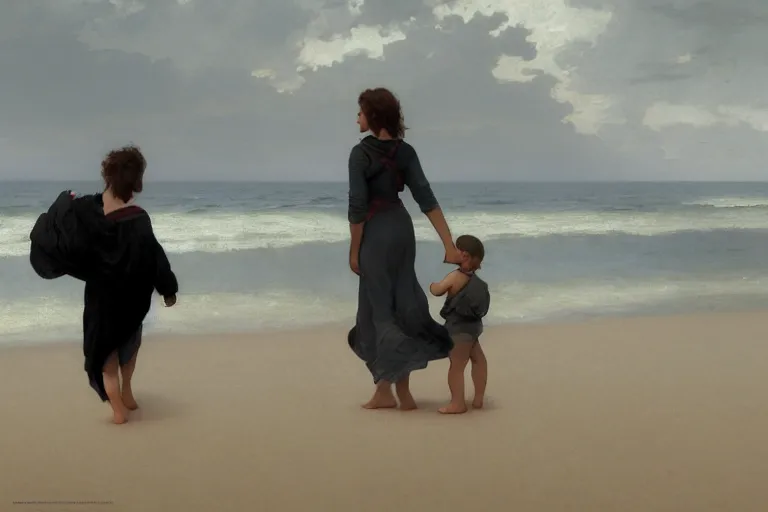 Prompt: woman with child walking on beach, by Greg Rutkowski, William-Adolphe Bouguereau, jason chan, Maxim Verehin, Peter Konig, photorealistic 8k, cinematic lighting, HD, high detail, atmospheric, trending on artstation