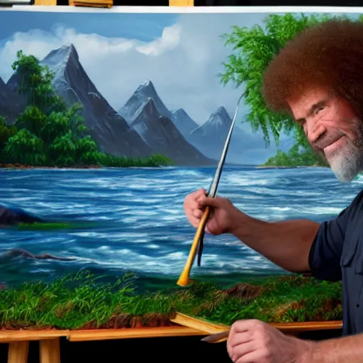 Image similar to a closeup photorealistic photograph of bob ross working on a canvas painting of aquaman. film still. brightly lit scene. mountains and trees. this 4 k hd image is trending on artstation, featured on behance, well - rendered, extra crisp, features intricate detail, epic composition and the style of unreal engine.