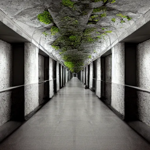 Prompt: an endless liminal space with lichen and moss growing on the walls, hallways, windows, reflections, moody, gloomy, white subway tile, ultrarealistic, 4k