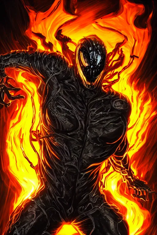 Image similar to ghost rider symbiote, comic strip style, dynamic lighting, fantasy concept art, trending on art station, stunning visuals, creative, cinematic, portrait, ultra detailed