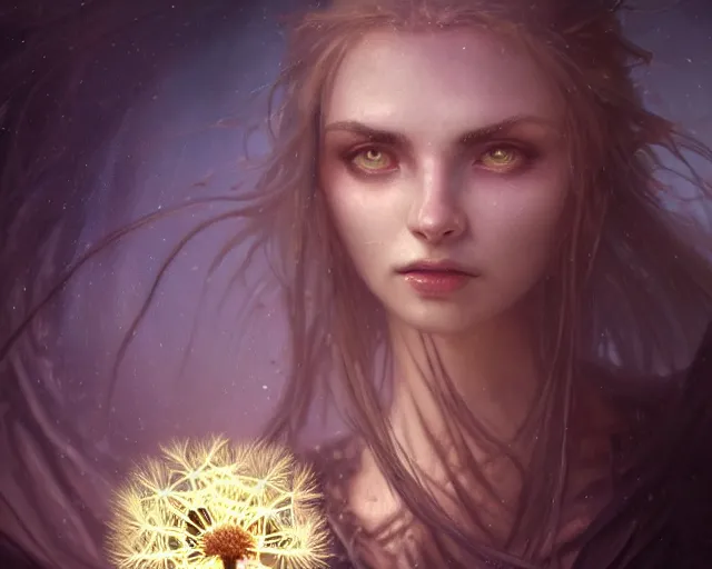 Image similar to 4 k cinematic still portrait of a human figure dandelion monster in a dark liminal space room, amber glow, deep focus, d & d, fantasy, intricate, elegant, highly detailed, digital art, art station, concept art, matte, sharp focus, illustration, dark fantasy art, hearthstone, art by artgerm and greg rutkowski and alphonse mucha