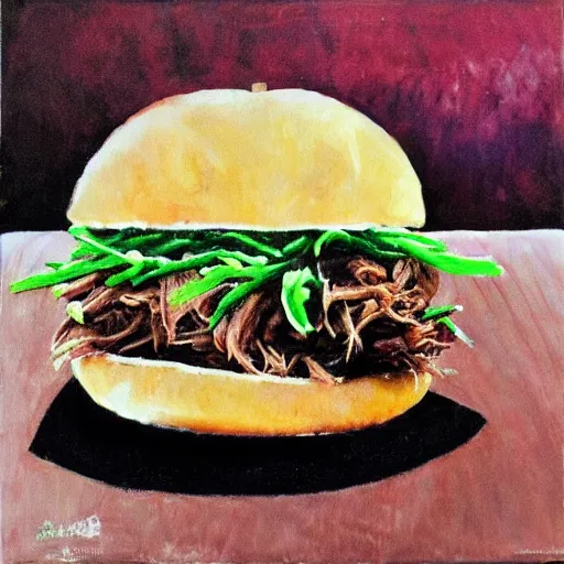 Image similar to pulled pork sandwich, artwork of time okamura