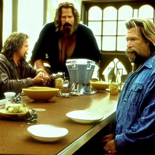 Image similar to a giant frog sitting with the big lebowski, jeff bridges the dude sitting at the table with a giant frog, realistic from the movie the big lebowski by the coen brothers, 8 k