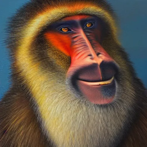 Prompt: An exquisite oil painting of a mandrill baboon dressed like Prince Philip with a lovely beard