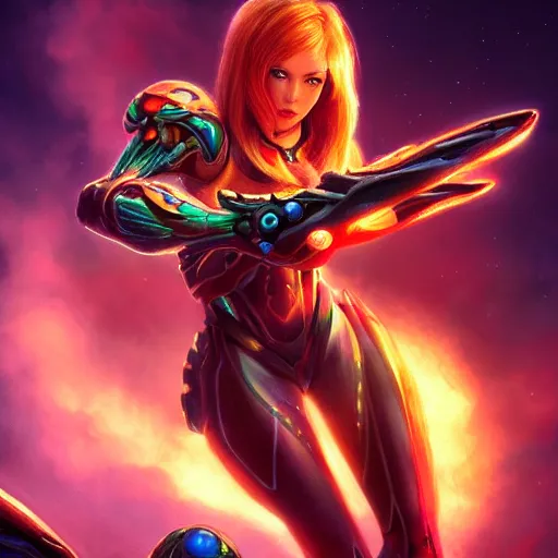 Image similar to Metroid, full-shot, fantasy, vivid colors, elegant, concept art, sharp focus, beautiful face, digital art, Hyper-realistic, 4K, Unreal Engine, Highly Detailed, HD, Dramatic Lighting by Brom, trending on Artstation