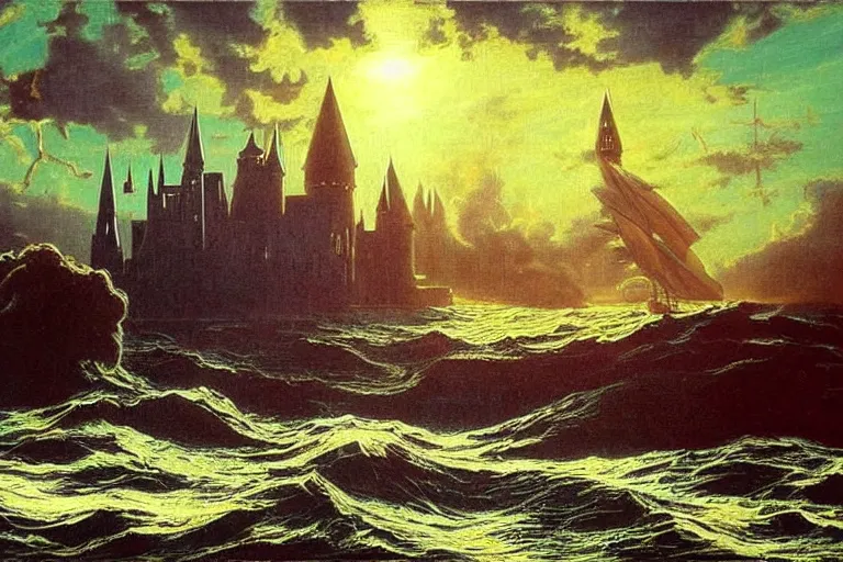 Image similar to miskatonic university big bang seascape in the style of dr. seuss,'harry potter directed by christopher columbus ', painting by albert bierstadt